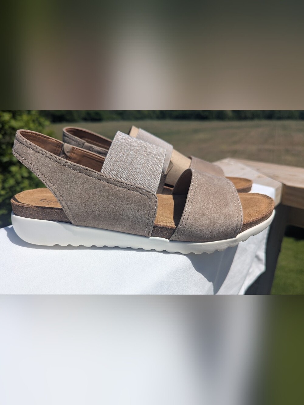 Comfortina By Sofft Taupe Leather Suede Slingback Sandals with Elastic Strap